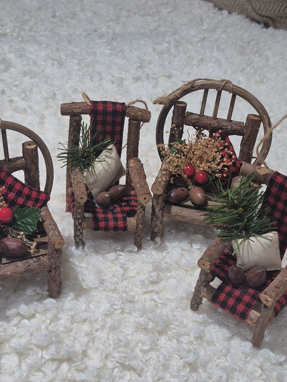 VTG.Rustic Mini Holiday Chairs Ornaments with Red Plaid Accents
